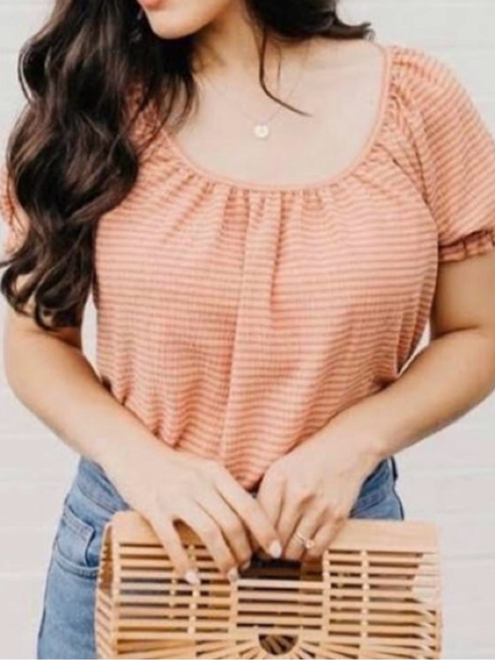 Madewell Peach seersucker  Striped Scoop Neck Short Sleeve Top- RUNS VERY LARGE